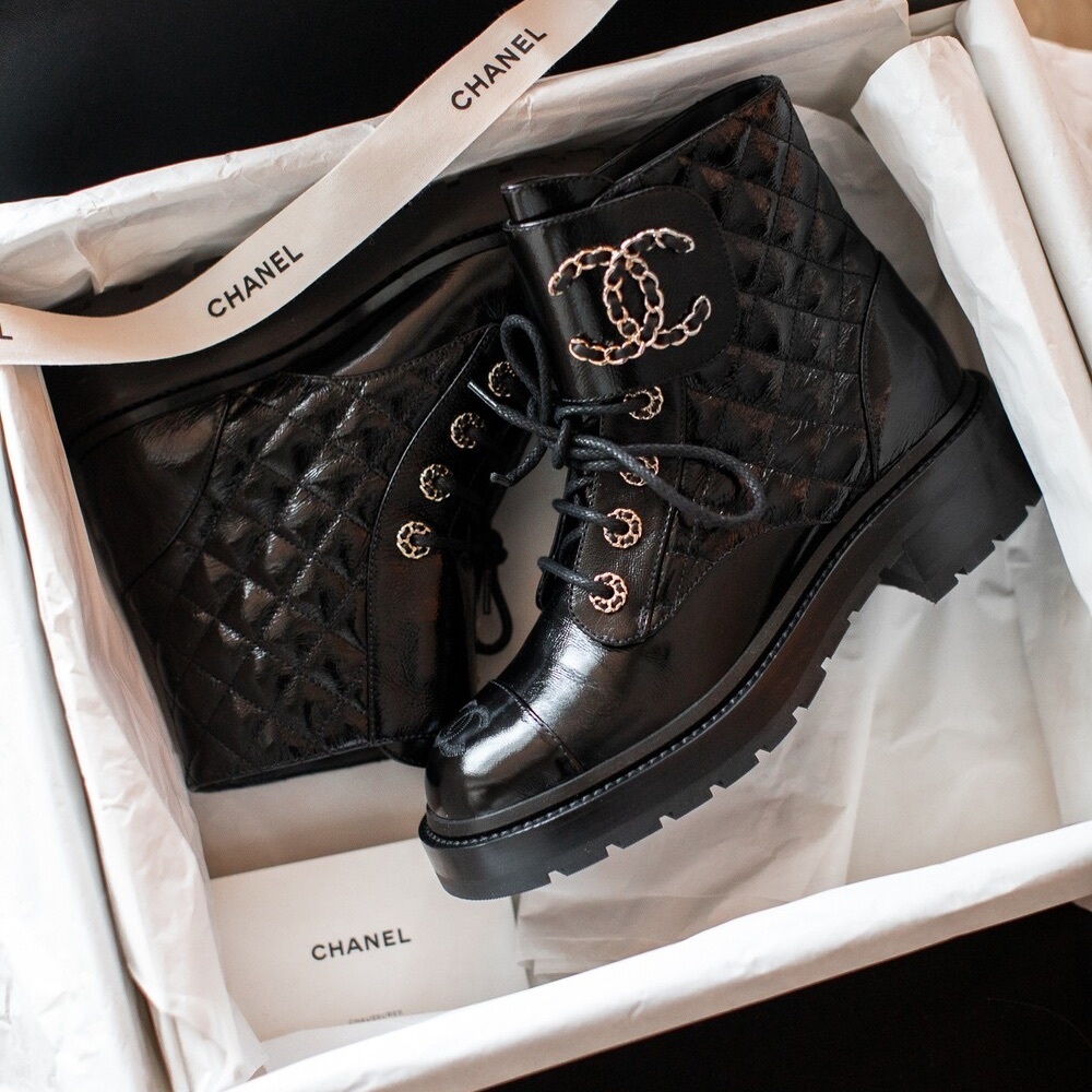 NEW Chanel Brave Leather Quilted Combat Boots - Patent Black NIB